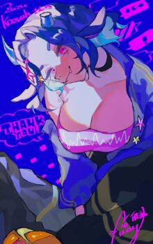 1girl black_pants breasts cleavage closed_mouth commentary_request commission cow_girl fangs fangs_out highres indie_virtual_youtuber jacket large_breasts looking_at_viewer mariana_spaghetti open_clothes open_jacket pants pink_eyes purple_hair purple_jacket shinjitsu_no_kuchi short_hair signature skeb_commission smile solo virtual_youtuber