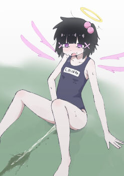 1girl @_@ angel angel_wings arm_support barefoot black_hair black_one-piece_swimsuit black_school_swimsuit blush breasts breath clothing_aside collarbone gradient_background green_background hair_bobbles hair_ornament halo heavy_breathing loli looking_down name_tag nukegara_(pixiv_46266320) one-piece_swimsuit open_mouth original peeing pink_eyes ponytail puddle relief school_swimsuit shikabane_(nukegara) short_hair side_ponytail sitting small_breasts sweat swimsuit swimsuit_aside tears wings x_hair_ornament