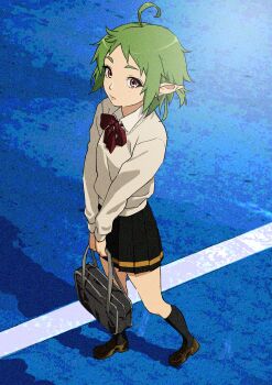 1girl ahoge bag black_skirt black_socks bow brown_shoes closed_mouth collared_shirt elf green_hair highres holding holding_bag looking_at_viewer mushoku_tensei nyus0721 pleated_skirt pointy_ears red_bow red_eyes school_bag shirt shoes short_hair skirt socks solo sweater sylphiette_(mushoku_tensei) white_shirt