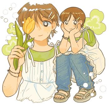 Rule 34 | 1girl, black eyes, blue pants, bright pupils, brown hair, closed mouth, denim, flower, green shirt, grey sandals, hair ornament, hairclip, hands on own cheeks, hands on own face, highres, holding, holding flower, jeans, original, pants, sandals, shirt, short hair, short sleeves, sihyun25, smile, solo, t-shirt, white pupils