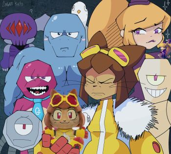 1girl 2girls 5boys 6+boys ? animal_ears artist_name beak bird blonde_hair blue_eyes blue_necktie blush_stickers bodysuit brown_hair cat_ears chimbazo_kieto closed_eyes closed_mouth coat colored_sclera colored_skin cyclops english_text eyeshadow feather_boa flappers_(gameoverse) floatie_(gameoverse) fold_(gameoverse) frown fur_coat fur_collar fur_trim furry gameoverse gobbles_(gameoverse) goggles goggles_on_head half-closed_eyes highres invincible_(series) kaboodle_(gameoverse) kit_bodega long_hair looking_at_viewer makeup meme miss_information_(gameoverse) multiple_boys multiple_girls muscular necktie one-eyed open_mouth parka photorealistic pink_skin ponytail purple_eyes purple_eyeshadow purple_lips purple_skin realistic red_eyes robot seagull sharp_teeth smile sparkle stuffed_toy teeth toy upper_body viltrumite_group_shot_(meme) whiskers yellow_bodysuit yellow_sclera
