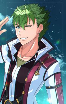 Rule 34 | 1boy, azumishard, blue sky, coat, collarbone, commentary, earrings, eiyuu densetsu, english commentary, english text, green eyes, green hair, grin, hair between eyes, hair slicked back, highres, jewelry, kai no kiseki, kevin graham, kuro no kiseki (series), male focus, one eye closed, parted lips, salute, short hair, sky, smile, solo, spiked hair, upper body, wing collar