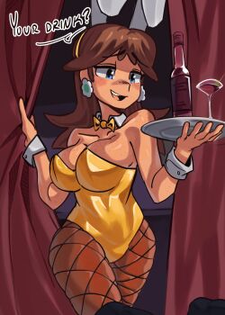 Rule 34 | 1girl, alcohol, animal ears, bare shoulders, blue eyes, blush, bottle, bow, bowtie, breasts, brown hair, cleavage, collar, cup, curtain grab, curtains, detached collar, drinking glass, earrings, english text, fake animal ears, fishnet pantyhose, fishnets, flower earrings, freckles, hairband, highres, holding, holding tray, jewelry, leotard, mario (series), medium breasts, moxydraws, nintendo, olive, open mouth, pantyhose, playboy bunny, princess daisy, rabbit ears, tray, wine, wine bottle, wine glass, wrist cuffs, yellow bow, yellow bowtie, yellow leotard