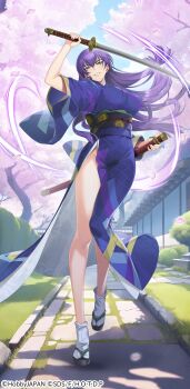 1girl absurdres blue_eyes breasts busujima_saeko day highres highschool_of_the_dead holding holding_sword holding_weapon japanese_clothes katana kimono long_hair looking_at_viewer medium_breasts official_art outdoors purple_hair queen&#039;s_blade queen&#039;s_blade_limit_break solo standing straight_hair sword weapon