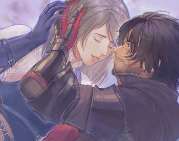 1boy 1girl armor beard black_armor black_cloak black_hair blue_gloves blue_vest clive_rosfield cloak closed_eyes commentary couple earrings english_commentary facial_hair facial_scar final_fantasy final_fantasy_xvi gloves grey_hair hair_between_eyes hand_in_another's_hair hetero jewelry jill_warrick long_hair looking_at_another metal_gloves parted_lips red_vest robean_(birbtactician) scar scar_on_cheek scar_on_face shirt short_hair smile swept_bangs upper_body vest white_shirt