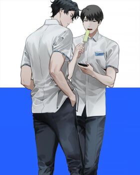 2boys alternate_costume black_eyes black_hair blackbox_(blackbox9158) collared_shirt feet_out_of_frame food hands_in_pockets holding holding_food holding_phone holding_popsicle kim_dokja male_focus multiple_boys omniscient_reader&#039;s_viewpoint phone popsicle shirt short_hair standing white_shirt yoo_joonghyuk