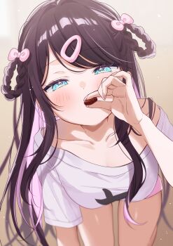 Rule 34 | blue eyes, breasts, brown hair, commentary, highres, kaga nazuna, large breasts, long hair, pink hair, pome charo, shirt, t-shirt, thighs, untranslatable commentary, vspo!