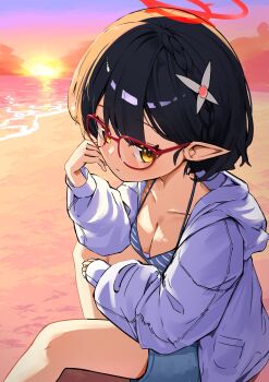1girl absurdres ayane_(blue_archive) ayane_(swimsuit)_(blue_archive) beach bikini black_hair blue_archive blue_bikini blue_shorts braid breasts cheeckae cleavage cloud collarbone commentary_request feet_out_of_frame flower-shaped_hair glasses halo hand_on_own_chin hand_up highres hood hood_down hooded_jacket jacket long_sleeves looking_at_viewer medium_breasts ocean on_floor pointy_ears puffy_long_sleeves puffy_sleeves red-framed_eyewear red_halo sand short_hair shorts sitting sleeves_past_wrists solo string_bikini striped_bikini striped_clothes sun sunset swimsuit white_jacket yellow_eyes