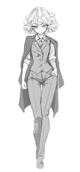 1girl business_suit collared_shirt commentary formal_clothes highres jacket lineart lw_goombang medium_hair messy_hair monochrome necktie one-punch_man pant_suit pants shirt sketch solo suit suit_jacket tatsumaki untranslatable_commentary