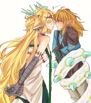 1boy 1girl absurdres ahoge animal_ears animal_hands antlers armband armor arms_behind_back blonde_hair blue_eyes blue_tunic brown_strap check_clothing claws closed_eyes clothing_request dragon_ears dragon_girl dragon_tail dress from_side grey_pants hair_between_eyes headband highres horns korean_text light_dragon_(zelda) link long_hair medium_hair mori_(vvmorivv) nintendo pants parted_lips pointy_ears princess_zelda purple_ribbon ribbon shoulder_armor shoulder_strap simple_background sleeveless sleeveless_dress spiked_tail squinting sweatdrop tail tail_wrap tears the_legend_of_zelda translation_request tunic very_long_hair white_background white_dress