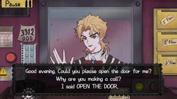 Rule 34 | 1boy, birthmark, blonde hair, blood, blood on clothes, bow, bowtie, commentary request, dio brando, english text, fake screenshot, jojo no kimyou na bouken, male focus, mismatched eyebrows, parody, phantom blood, portrait, red bow, red bowtie, red eyes, scar, scar on neck, smile, solo, stardust crusaders, that's not my neighbor, toubun teikou, waving