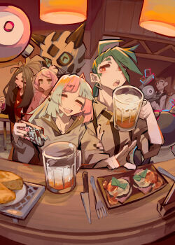 absurdres alcohol beer beer_mug black_hair cheese cup dendra_(pokemon) earrings food gen_1_pokemon gen_3_pokemon glalie grey_hair happy highres holding holding_cup iono_(pokemon) jewelry long_hair magnemite miriam_(pokemon) mug multiple_girls nintendo open_mouth phone pokemon pokemon_(creature) pokemon_sv red_eyes rika_(pokemon) shirt togekk0 yuri