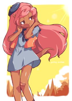1girl animal_ears animification bandaid bandaid_on_knee bandaid_on_leg beret blush brown_eyes camp_lazlo dark-skinned_female dark_skin drawpile_(medium) dress hat humanization long_hair mongoose_ears mongoose_girl mongoose_tail negiwave2000 patsy_smiles pink_hair shorts shorts_under_dress solo tail vest victory_rolls