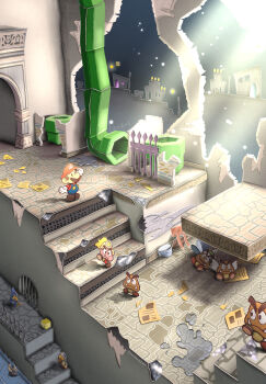 Rule 34 | block (object), blonde hair, blue overalls, blush stickers, brown shoes, closed mouth, coin, commentary request, facial hair, fang, fang out, full body, gate, gloves, goomba, goombella, hammer bro, hat, helmet, highres, in-universe location, magikoopa, maribou (supermaribou), mario, mario (series), mustache, nintendo, overalls, paper mario, paper mario: the thousand-year door, paragoomba, ponytail, red hair, shoes, stairs, standing, underground, warp pipe