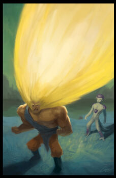 2boys alex_chow big_hair blonde_hair dragon_ball dragonball_z final_form_frieza frieza long_hair male_focus multiple_boys muscular parody powering_up shirt son_goku super_saiyan super_saiyan_1 torn_clothes torn_shirt very_long_hair