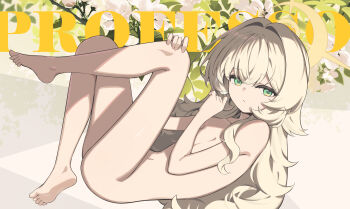 1girl absurdres blonde_hair blue_archive breasts character_name ciza_gomi collarbone commentary completely_nude feet fingerless_gloves fluffy_hair from_side gloves green_eyes hair_intakes hair_over_shoulder halo highres knees_up loli long_hair looking_at_viewer navel nude professor_niyaniya_(blue_archive) sidelocks small_breasts soles solo toes untranslatable_commentary very_long_hair wavy_hair yellow_halo