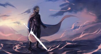 1boy absurdres armor arthur_leywin black_gloves blonde_hair cloak cloud cloudy_sky full_body fur_collar gloves glowing glowing_sword glowing_weapon highres holding holding_sword holding_weapon hood hood_up horizon logicsterrr male_focus short_hair sky solo standing sword the_beginning_after_the_end toned toned_male weapon wind wind_lift