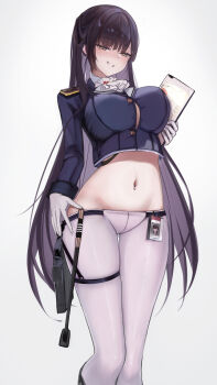 1girl 462vvv absurdres ascot belt black_belt black_boots black_jacket boots breasts brown_eyes brown_hair button_gap cleavage clothes_pull commentary_request crop_top cropped_jacket earrings epaulettes gloves goddess_of_victory:_nikke grin groin gun hair_between_eyes highres holster holstered id_card jacket jewelry knee_boots large_breasts long_hair long_sleeves looking_at_viewer marciana_(nikke) midriff military_jacket navel navel_piercing pants pants_pull piercing revision riding_crop sidelocks simple_background skindentation smile solo standing tablet_pc teeth thigh_holster thigh_strap tight_clothes tight_pants weapon white_ascot white_background white_gloves white_pants