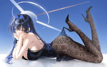 1girl absurdres black_dress black_hair black_pantyhose black_shoes blue_eyes blue_hair breasts colored_inner_hair commentary_request dress feet_up floral_print_pantyhose from_side full_body hair_intakes high_heels highres hololive hololive_english hooked_on_heel lace_pantyhose lace_pantyhose_hooked_on_heel_(meme) large_breasts long_hair looking_at_viewer lying lyusiola meme multicolored_hair on_stomach ouro_kronii pantyhose shoes short_dress sideboob sleeveless sleeveless_dress solo the_pose virtual_youtuber