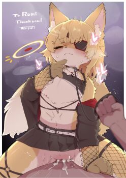 1boy 1girl animal_ear_fluff animal_ears animal_nose black_jacket black_skirt blush closed_mouth cowgirl_position crop_top cum cum_in_pussy eyepatch finger_to_mouth fishnet_sleeves fishnets flat_chest fox_ears fox_girl fox_tail furry furry_female furry_with_non-furry girl_on_top hair_between_eyes hetero highres interspecies jacket leash one_eye_closed original pawpads penis red_eyes sex short_hair single_fishnet_legwear skirt snout straddling sweat tail thigh_strap vaginal white_fur yellow_fur yeti_(mu_kaiten)