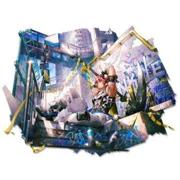 Rule 34 | 1boy, arknights, arm behind head, arm belt, armband, armpits, beard, belt, black belt, black boots, black gloves, black tank top, boots, building, chain, chain necklace, closed mouth, cow boy, cow horns, cow tail, dog tags, english text, facial hair, fingerless gloves, from below, full body, gloves, graffiti, highres, holding, holding scythe, horns, huge weapon, humus (arknights), humus (blazing street view) (arknights), jewelry, leg up, looking up, muscular, muscular male, necklace, official alternate costume, official art, outdoors, overpass, pants, pocket, pouch, red hair, road sign, scorpion5050, scythe, short hair, sign, sitting, skull print, skyscraper, smile, solo, spray can, spray paint, stairs, tail, tank top, third-party source, traffic light, transparent background, weapon, white horns, white pants