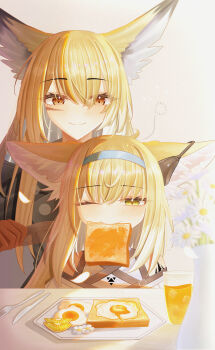 2girls absurdres airtair animal_ears arknights blonde_hair blue_hairband blurry blurry_foreground bread bread_slice brown_eyes brushing_another's_hair brushing_hair chinese_commentary colored_tips comb commentary_request daisy_(flower) earpiece egg facial_scar flower food food_in_mouth fork fox_ears fox_girl fried_egg glass green_eyes hairband highres knife material_growth mother_and_daughter mouth_hold multicolored_hair multiple_girls one_eye_closed oripathy_lesion_(arknights) scar scar_on_cheek scar_on_face squeans suzuran_(arknights) toast toast_in_mouth two-tone_hair vase vulpisfoglia_(arknights) white_flower white_hair