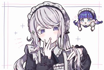 2girls :o adjusting_hair alternate_costume apron black_dress blue_eyes braid chibi chibi_inset commentary_request dress enmaided frilled_apron frills grey_hair hair_brush hands_up head_only highres holding holding_hair_brush holding_mirror kirifuji_nozomi light_blush long_hair long_sleeves looking_at_viewer maid maid_apron maid_headdress mirror mojiro_moko multiple_girls okura_0915 open_mouth purple_eyes the_hundred_line_-last_defense_academy- twintails upper_body white_apron white_background