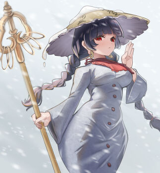 1girl ajirogasa bandana blunt_bangs blush braid breasts closed_mouth clothes_writing coat commentary_request earrings grey_background grey_coat hat highres holding holding_scepter jewelry long_earlobes long_hair long_sleeves looking_at_viewer outdoors red_bandana red_eyes rh_thunderriver scepter side_braids snow_on_headwear snowing solo touhou twin_braids yatadera_narumi