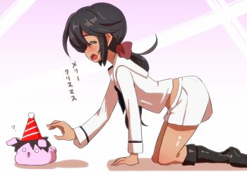 1girl 1other ? artist_self-insert black_footwear black_scarf boots bow commentary_request girls_und_panzer hat jinguu_(4839ms) kneeling miniskirt ogin_(girls_und_panzer) ooarai_naval_school_uniform party_hat rabbit red_bow scarf school_uniform serafuku skirt translation_request unworn_hat unworn_headwear white_serafuku white_skirt