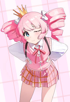 1girl ;) absurdres aged_up aqua_eyes bag bow cowboy_shot crown dress_shirt hair_bow hair_ornament hands_on_own_hips highres keibi_inu knees_out_of_frame leaning_forward long_sleeves looking_at_viewer mini_crown miniskirt neck_ribbon one_eye_closed pink_hair pink_ribbon pink_skirt pink_sweater_vest plaid_background plaid_clothes plaid_skirt ribbon shirt short_hair simple_background skirt smile solo standing sweater_vest thighs twintails white_bow white_shirt yoshikawa_chinatsu yuruyuri