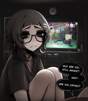1girl arched_bangs black-framed_eyewear black_eyes black_hair black_shirt clock closed_mouth commentary cross cross_earrings cross_necklace earrings english_commentary english_text frown gary_(spongebob) glasses hair_ornament hairclip highres indoors jewelry knees_up looking_at_viewer makeup mascara medium_hair mikuneki necklace original parallel_hairclips raised_inner_eyebrows riyo_kaede_(mikuneki) runny_makeup sad semi-rimless_eyewear shirt short_sleeves solo spongebob_squarepants spongebob_squarepants_(series) talking tearing_up television under-rim_eyewear watching_television