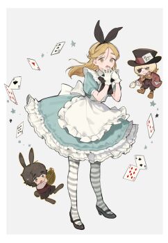 Rule 34 | 1girl, 2boys, alice (alice in wonderland), alice (alice in wonderland) (cosplay), animal ear hairband, animal ears, animal feet, apron, aqua dress, astrolabe, back bow, badeni, black bow, black hair, black hairband, black shoes, blonde hair, bow, bowtie, brown coat, brown hair, brown shoes, brown vest, card, chi.: chikyuu no undou ni tsuite, chibi, coat, commentary request, cosplay, cup, dress, eyepatch, fake animal ears, frilled dress, frills, full body, gloves, grey background, grey eyes, hair between eyes, hairband, half updo, hand to own mouth, hat, highres, holding, holding cup, jolenta, kemonomimi mode, long hair, mad hatter (alice in wonderland), mad hatter (alice in wonderland) (cosplay), multiple boys, oczy, open mouth, pantyhose, parted bangs, playing card, polka dot, polka dot bow, polka dot bowtie, puffy short sleeves, puffy sleeves, rabbit boy, rabbit ear hairband, rabbit ears, rabbit tail, sakitsu, scar, scar on face, scar on mouth, scar on nose, shoes, short hair, short sleeves, striped clothes, striped pantyhose, sweatdrop, tail, top hat, vest, waistcoat, white apron, white gloves, white rabbit (alice in wonderland), white rabbit (alice in wonderland) (cosplay), yellow eyes