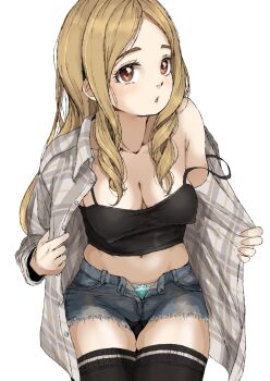 1girl :o absurdres aqua_panties black_camisole black_thighhighs blonde_hair breasts brown_eyes camisole collarbone commentary covered_erect_nipples crop_top cutoffs denim denim_shorts gatsby_ssl grey_jacket highres idolmaster idolmaster_cinderella_girls jacket long_hair looking_at_viewer medium_breasts mochizuki_hijiri navel open_clothes open_fly open_jacket open_shorts panties parted_bangs short_shorts shorts simple_background solo stomach straight_hair strap_slip thighhighs underwear very_long_hair white_background