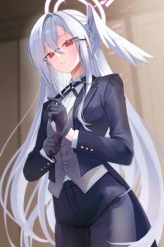1girl absurdres blue_archive butler commentary_request female_butler formal_clothes gloves halo head_wings highres jacket long_hair long_sleeves pants red_eyes shirt single_head_wing solo suit suzumi_(blue_archive) tax_(zeita_gundam) white_gloves white_hair white_shirt wings