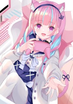 1girl anchor_hair_ornament animal_ears blue_choker blue_hairband blue_nails blush bow braid breasts cat_ears chair choker colored_inner_hair computer computer_tower controller frilled_sailor_collar frills game_controller gaming_chair hair_ornament hairband high-waist_skirt highres hololive jacket long_hair long_sleeves looking_at_viewer minato_aqua minato_aqua_(sailor) multicolored_hair official_alternate_costume pantyhose pink_hair purple_eyes reaching reaching_towards_viewer ribbon_choker sailor_collar sakutuki simple_background skirt smile solo swivel_chair twin_braids two-tone_hair virtual_youtuber white_pantyhose