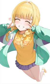 1girl ^_^ bare_legs blonde_hair blue_skirt blush braid closed_eyes commentary double_v facing_viewer fujita_kotone gakuen_idolmaster grin heart highres idolmaster jacket jumping kamota_(kamotadm) miniskirt multicolored_jacket plaid_clothes plaid_skirt pleated_skirt shirt simple_background skirt smile solo twin_braids v white_background yellow_shirt