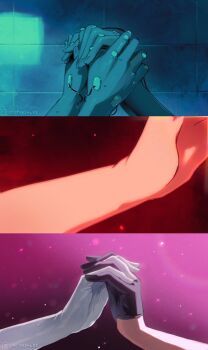 Rule 34 | 2girls, alien stage, artist name, black gloves, chicheesticks, commentary, english commentary, gloves, half gloves, hand focus, highres, mizi (alien stage), multiple girls, signature, sua (alien stage), thumbnail collage, tile wall, tiles, white gloves