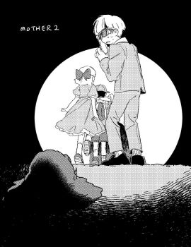 Rule 34 | 1girl, 2boys, bac0n pancakes, bad id, bad pixiv id, baseball bat, black background, bow, commentary request, copyright name, dress, frying pan, full body, greyscale, hair bow, highres, holding, holding baseball bat, holding frying pan, holding weapon, jeff andonuts, long sleeves, looking at creature, monochrome, mother (series), mother 2, multiple boys, ness (mother 2), nintendo, open mouth, pants, paula (mother 2), scared, shoes, short hair, simple background, slime (creature), slimy little pile, standing, sweat, weapon