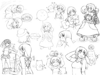 1girl :d age_progression backpack bag blacksmith_(ragnarok_online) blush bow commentary_request crop_top demon_horns deviruchi dreaming dress eating food full_body greyscale grin hair_bow hair_up hammer hat holding holding_hammer horns ignis_cap jacket long_hair meat merchant_(ragnarok_online) midriff mil_(xration) monochrome navel open_mouth peaked_cap ragnarok_online short_hair shorts sidelocks simple_background smile upper_body vest