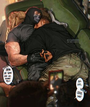 4boys bara black_gloves black_hair black_hoodie call_of_duty call_of_duty:_modern_warfare_2 closed_eyes english_text facial_hair ghost_(modern_warfare_2) gloves green_pants grey_pants grey_shirt highres holding_hands hood hood_down hoodie hug large_pectorals lying male_focus mask multiple_boys muscular muscular_male on_back on_side pants pectorals shirt short_hair skull_mask soap_(modern_warfare_2) twitter_username umikochannart yaoi