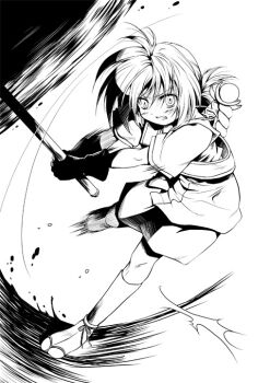 1girl angry blush clenched_teeth female_focus full_body gauntlets greyscale looking_at_viewer monochrome motion_lines original short_hair short_sleeves shuuko solo speed_lines standing standing_on_one_leg stick tabi teeth