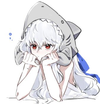 Rule 34 | 1girl, animal hood, arknights, arm support, closed mouth, hair between eyes, red eyes, shark hood, specter (arknights), white hair, yunomi (yunomi1129)