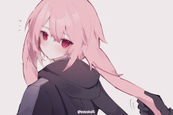 Rule 34 | 1boy, animal ears, ansel (arknights), arknights, black gloves, black jacket, blush, commentary, disembodied limb, english commentary, gloves, highres, holding ear, jacket, looking at viewer, looking back, lop rabbit ears, male focus, no nose, pink hair, pushu, rabbit ears, red eyes, simple background, solo focus, surprised, twitter username, white background