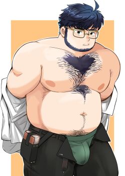 1boy absurdres ahoge archer_(archery045) arm_hair bara beard belt black_hair black_pants book brown_belt bulge chest_hair chest_tuft closed_mouth commentary facial_hair fat fat_man glasses green_eyes green_male_underwear highres large_pectorals live_a_hero looking_at_viewer looking_to_the_side male_focus male_underwear muscular muscular_male mustache_stubble open_fly pants pectorals pouch santetsu_(live_a_hero) shirt short_hair simple_background solo stubble thick_eyebrows underwear undressing untranslatable_commentary white_shirt yellow-framed_eyewear
