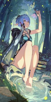 Rule 34 | 1girl, animal ears, bare legs, barefoot, blue hair, braid, breasts, cleavage, commentary, forest, gloves, goat ears, goat girl, hand up, highres, holding, holding pencil, knees up, long hair, looking at viewer, looking up, lucia elowen, nature, official art, outdoors, parted lips, pencil, pointy ears, single bare arm, sitting, solo, thighs, tree, water, yellow eyes, zenless zone zero
