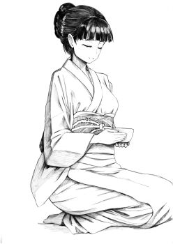 1girl absurdres alternate_costume alternate_hairstyle blunt_bangs bowl braid chawan closed_eyes hair_bun high_contrast highres japanese_clothes kantai_collection kimono myoukou_(kancolle) seiza short_hair single_braid sitting smile solo tea_ceremony tsuji_kazuho