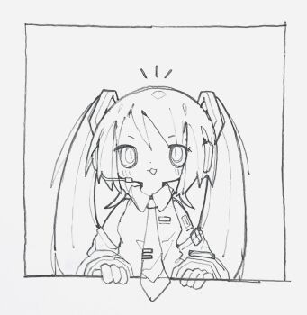 1girl :3 absurdres bare_shoulders border breasts collared_shirt commentary_request detached_sleeves greyscale hair_ornament hatsune_miku headset highres long_hair long_sleeves looking_at_viewer monochrome necktie nikamoka notice_lines open_mouth outside_border shirt simple_background sleeveless sleeveless_shirt slit_pupils small_breasts solo straight-on twintails upper_body vocaloid white_background