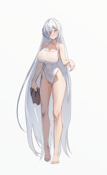 1girl absurdres barefoot breasts brown_sandals brown_shoes cinderella_(nikke) cleavage closed_eyes commentary_request covered_navel full_body goddess_of_victory:_nikke hair_down hair_over_one_eye highres holding holding_sandals kaba_(hama) large_breasts nipples official_alternate_hairstyle sandals see-through_clothes shoes simple_background smile solo teeth thighs white_background white_hair