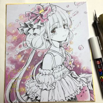 Rule 34 | 1girl, art tools in frame, bare shoulders, commentary request, dress, flat chest, futaba anzu, highres, idolmaster, idolmaster cinderella girls, long hair, low twintails, marine (confeitokobo), photo (medium), pout, shikishi, solo, tearing up, traditional media, twintails, upper body