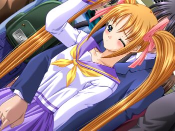 Rule 34 | 1boy, 1girl, 2000s (style), arm behind back, blue eyes, blush, breasts, brown hair, chikan, closed mouth, collarbone, cowboy shot, crowded, dutch angle, faceless, faceless male, fingering, fingering from behind, fingering through clothes, game cg, half-closed eye, hand up, holding, large variant set, long hair, long sleeves, looking down, m&amp;m (mickey and mackey), molestation, multiple boys, neckerchief, one eye closed, pink ribbon, pleated skirt, purple sailor collar, purple skirt, raised inner eyebrows, ribbon, sailor collar, saishu chikan densha (series), saishuu chikan densha, school uniform, serafuku, sidelocks, skirt, small breasts, standing, suzuki airi (saishu chikan densha), third-party source, through clothes, train interior, twintails, variant set, very long hair, yellow neckerchief